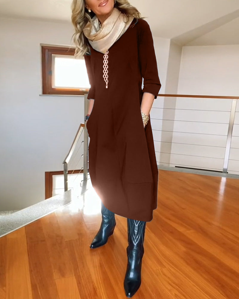 Round Neck Quarter Sleeve Zip Front Sheer Hem Midi Dress 9