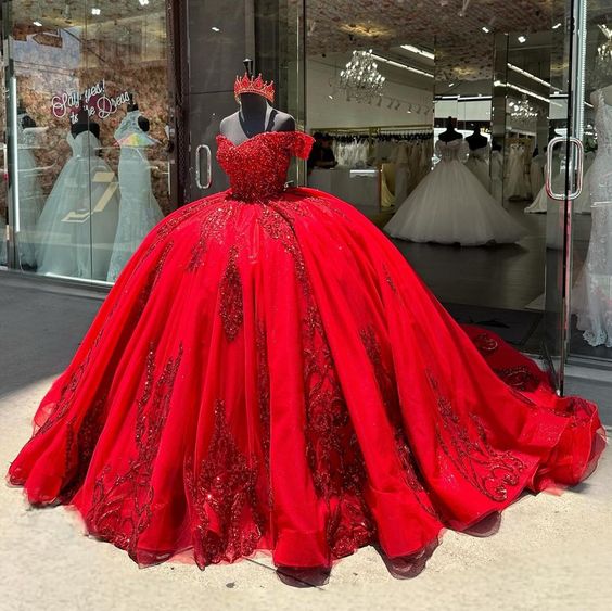 Luxury Red Quinceanera Dresses 2025 Ball Gown Beads Glitter Sequins Appliques Sweet 16 Dresses Birthday Party Gown Custom - Fashionpara