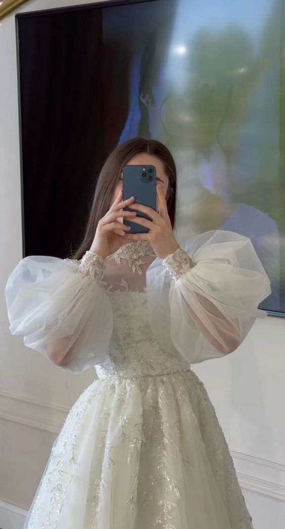 Elegant High Neck A-line Wedding Dress with Long Sleeves