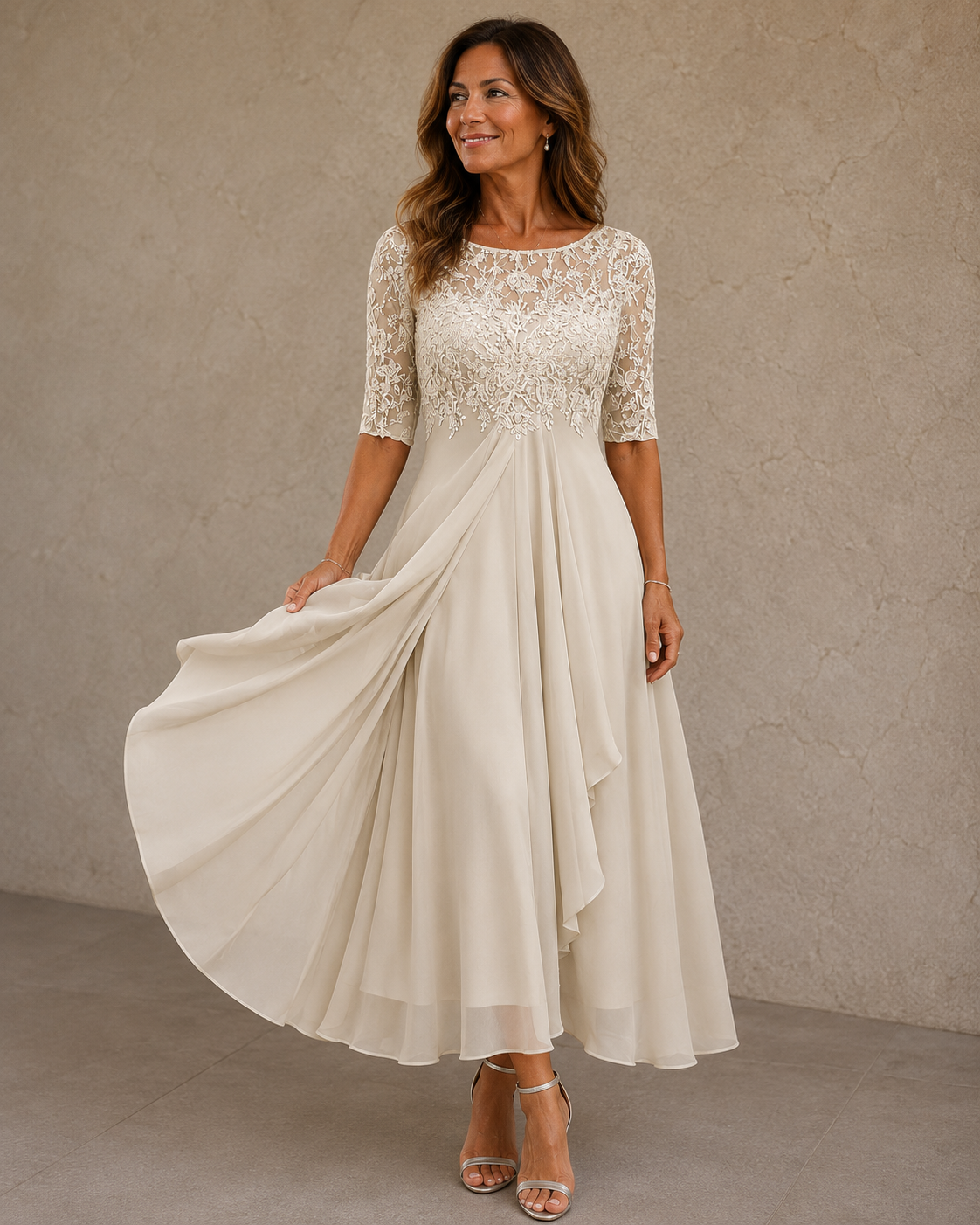 Lace Bodice Round Neck Short Sleeve Chiffon Midi Dress 2