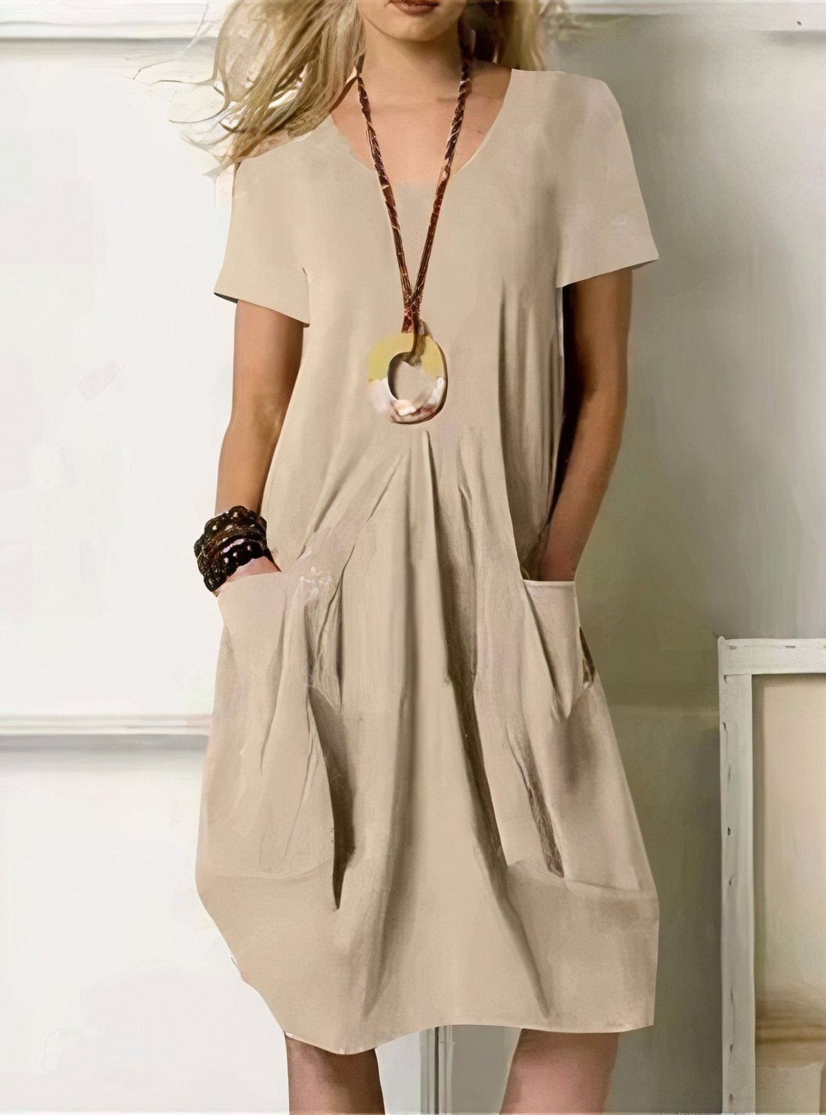 V-Neck Short Sleeve Pocket Cocoon Midi Dress 6