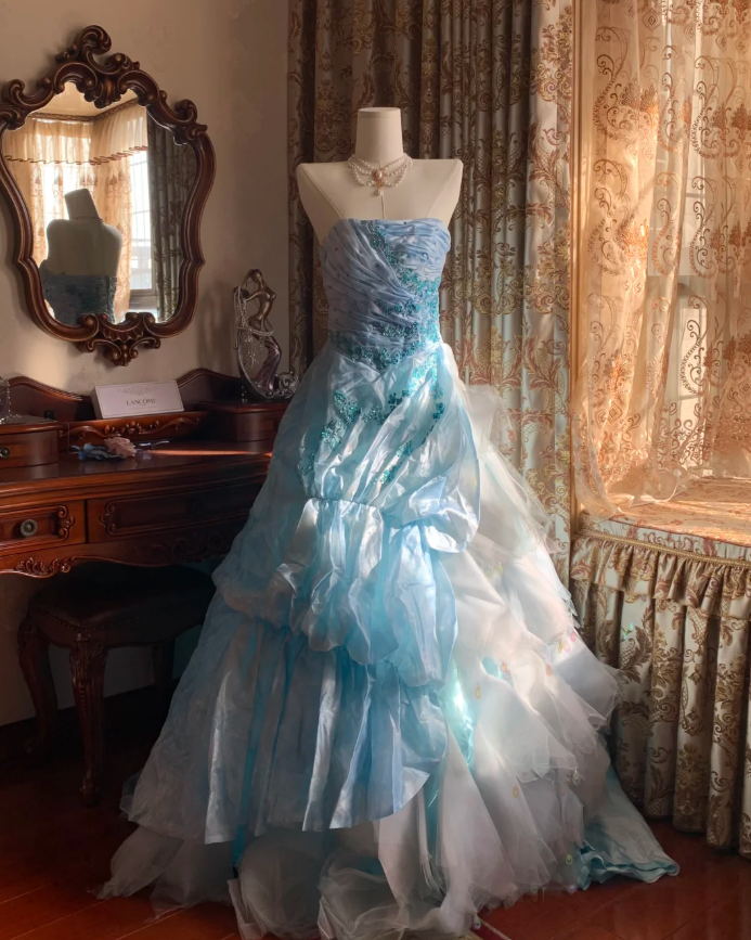 Elegant Blue Strapless Tulle Satin Appliques Long Party Dress Birthday Prom Gown D1772