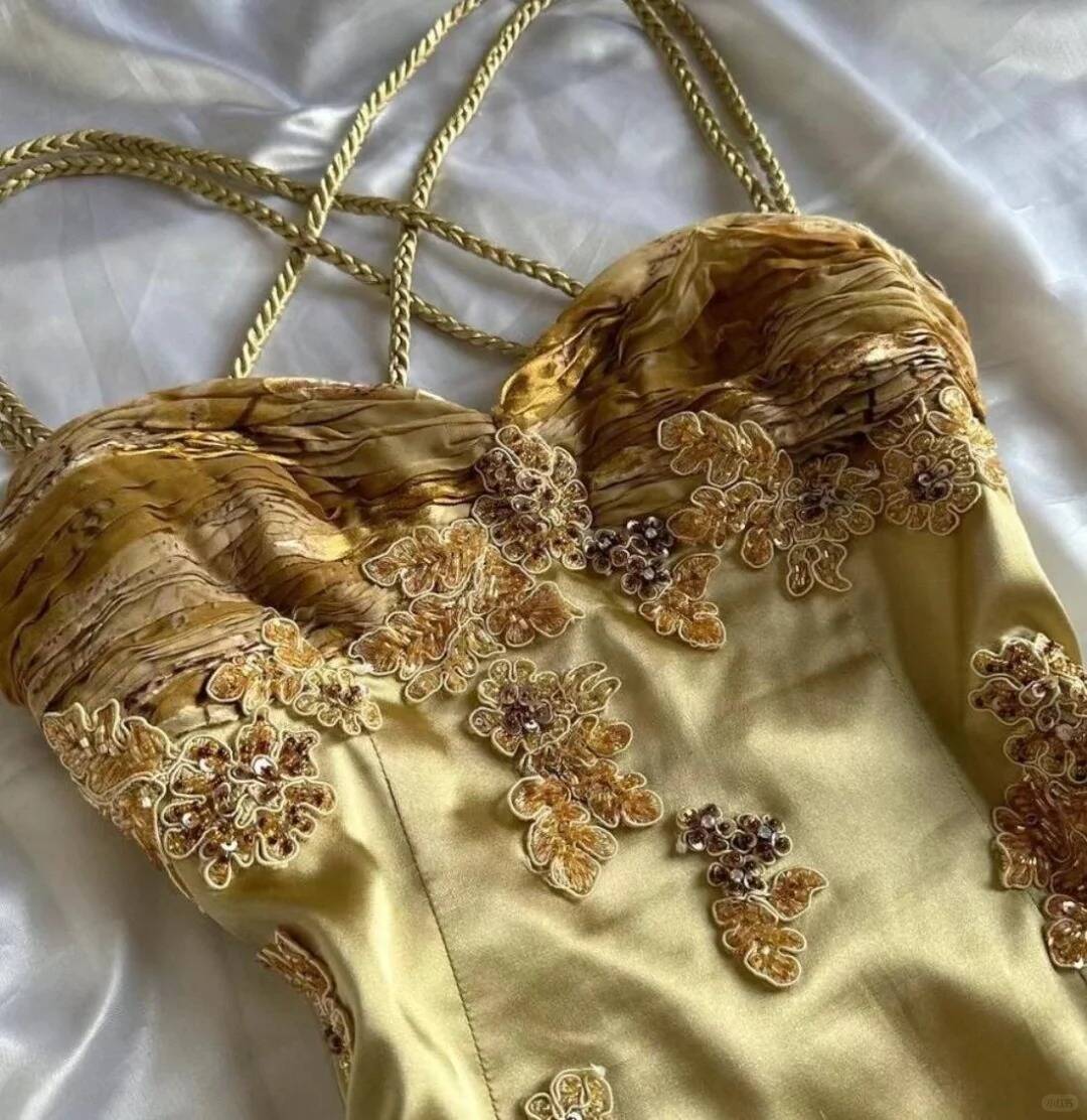 Gold Spaghetti Straps Mermaid Appliques Party Dress Evening Dress S341