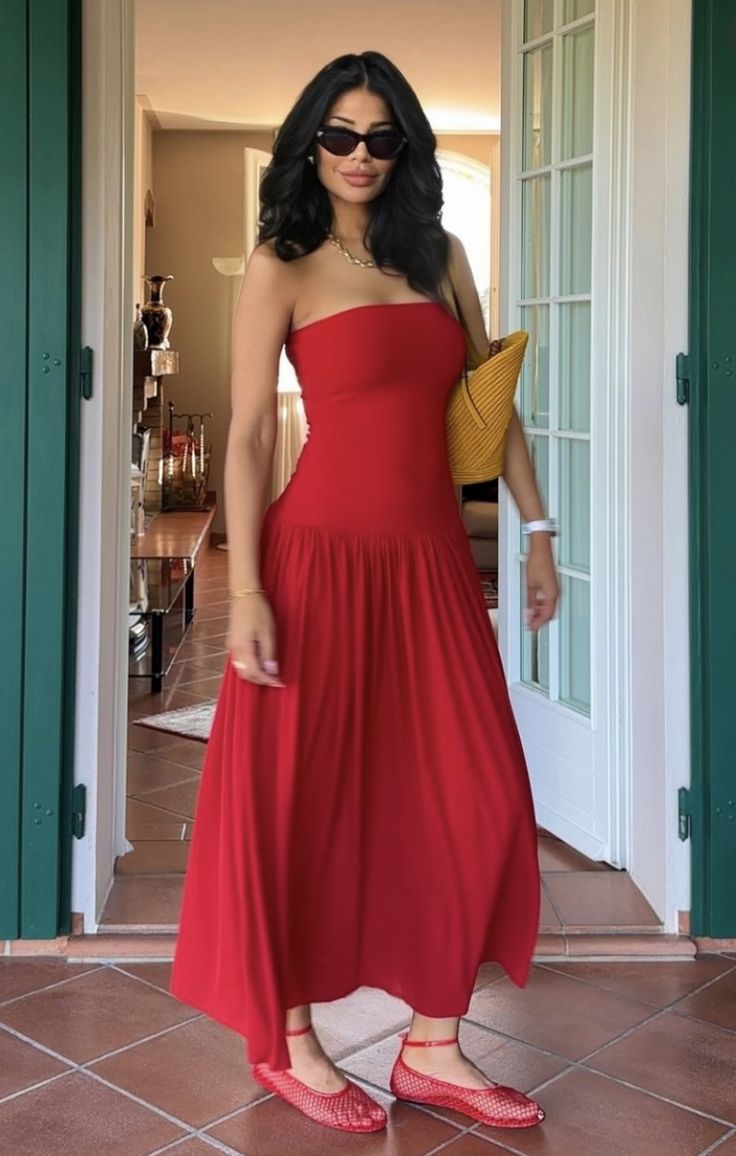 Red Strapless A-Line Long Party Dress Wedding Guest Dress