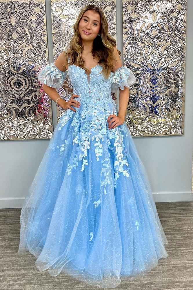 A-Line Appliques Plunge V Long Prom Dress with Detachable Sleeves - Fashionpara