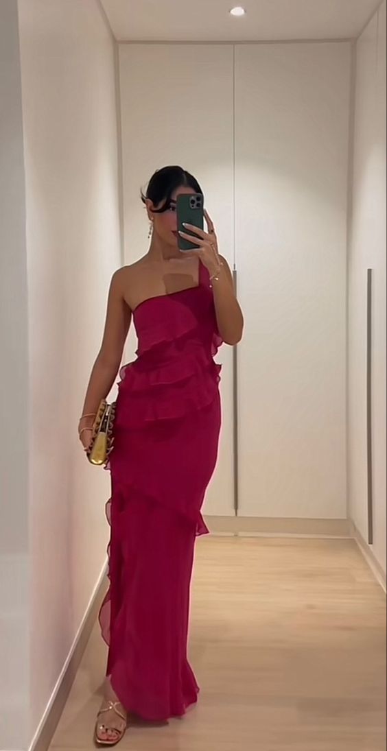 Sexy Sheath One Shoulder Chiffon Hot Pink Prom Dresses - Fashionpara