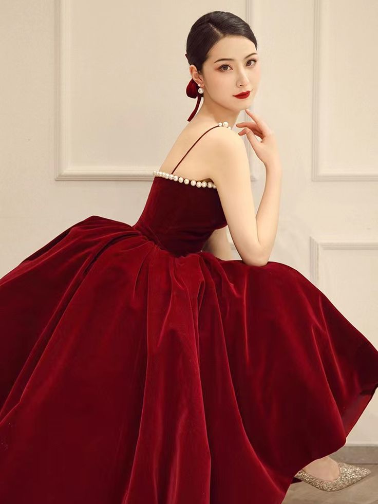 Spaghetti strap evening dress,red party dress,velvet prom dress - Fashionpara