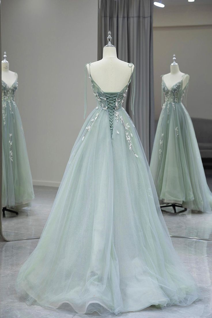 Stylish Spaghetti Strap Tulle Floor Length Formal Dress Gray Green V-Neck Backless Party Dress - Fashionpara