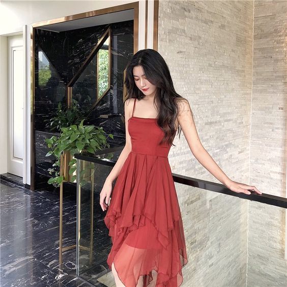 A line Spaghetti Strap Asymmetric Ruffled Evening Dresses For Women - Fashionpara