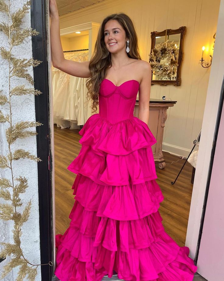 Fuchsia Ruffle Long Prom Dress Sweetheart Evening Gown - Fashionpara