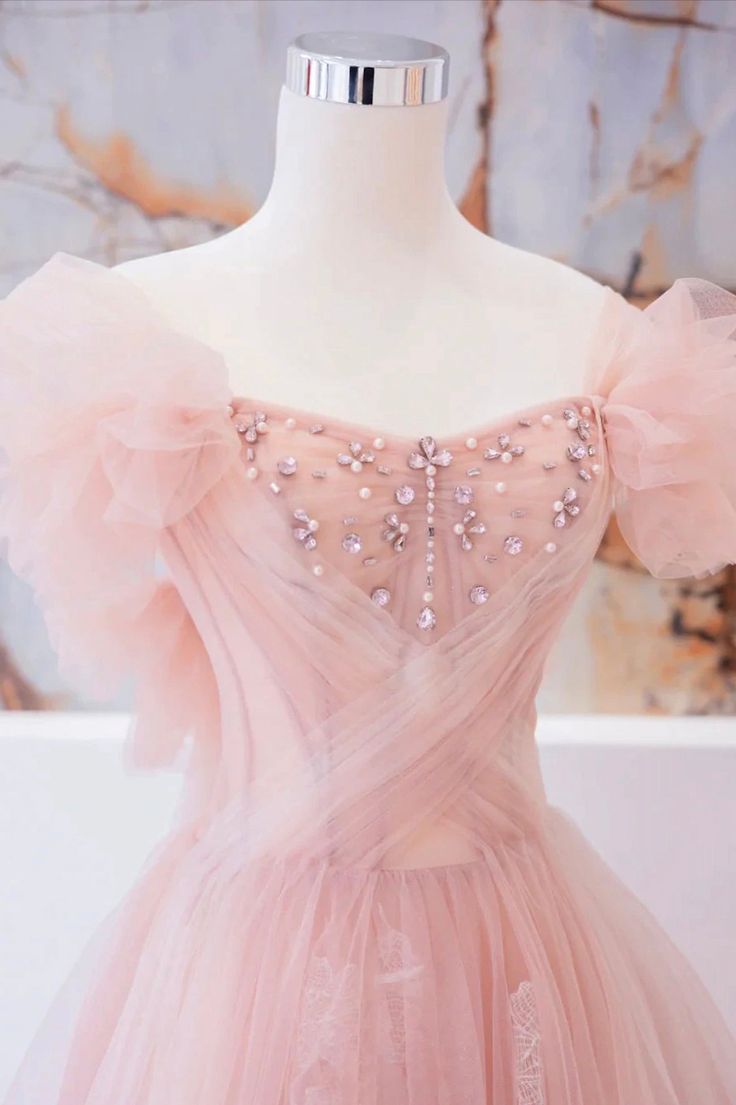 Tulle Beaded Long Prom Dress, A-Line Evening Party Dress - Fashionpara