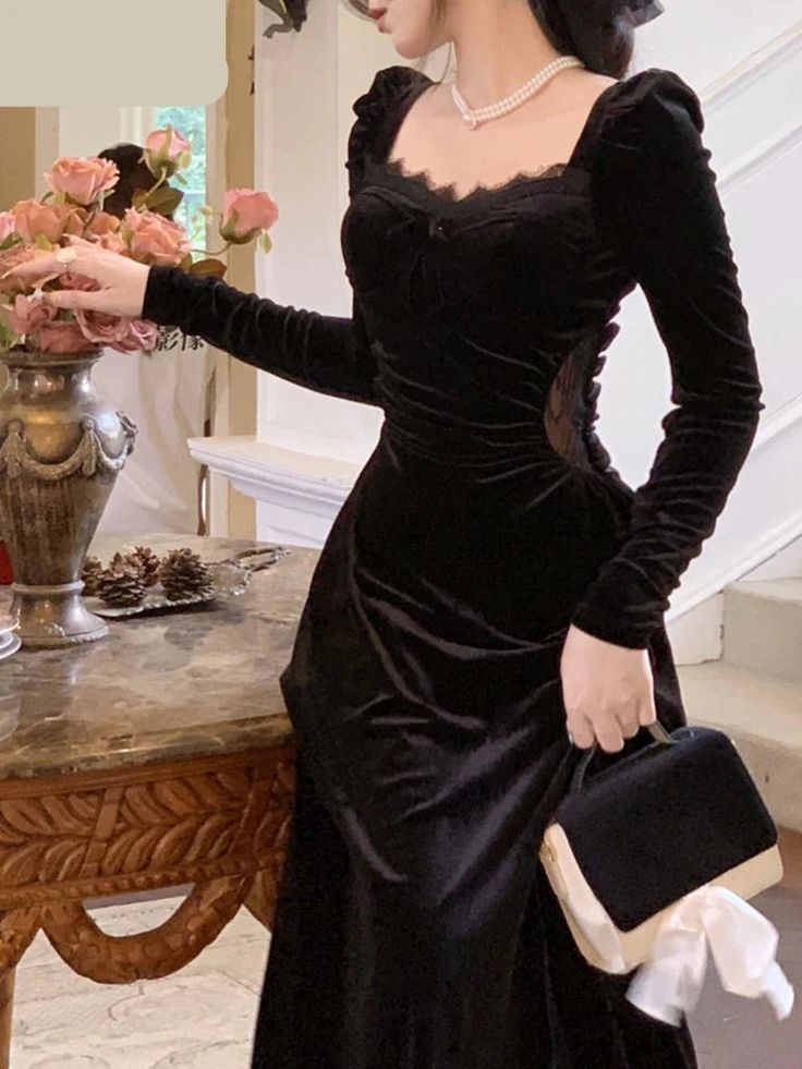 Vintage Balck Long Sleeve Dress Woman Elegant Fashion Velvet Midi Dress - Fashionpara