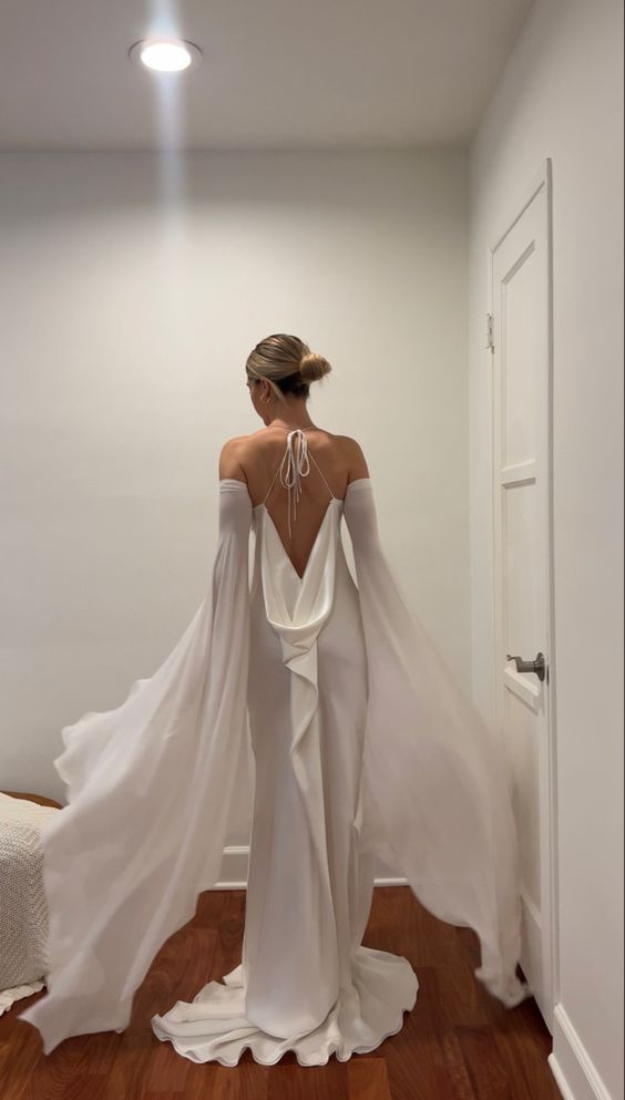 Wedding Dresses Soft Satin Long Floor Length Open Back Simple Bridal Gown With Detachable Flare Sleeves