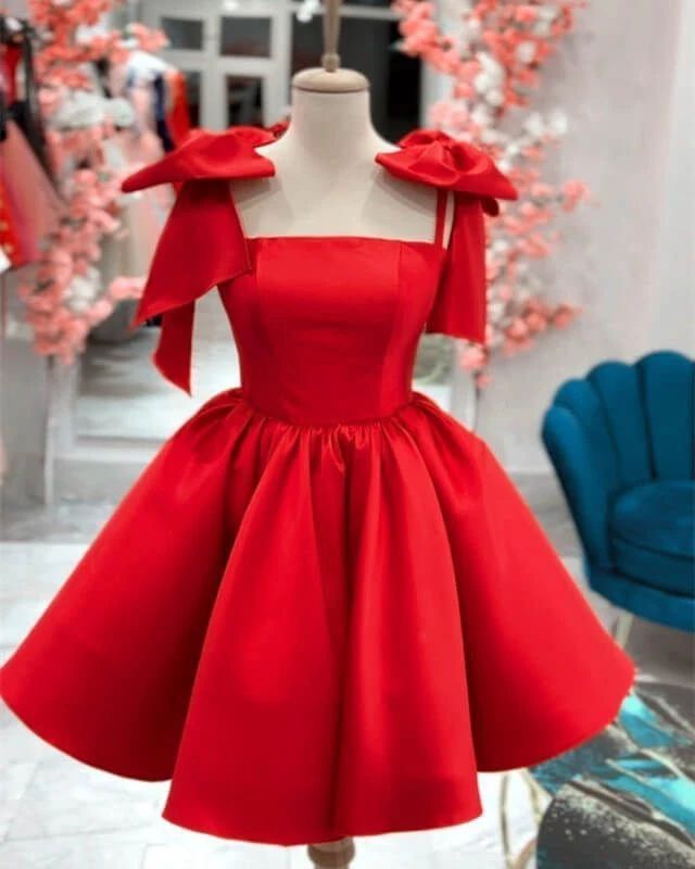 A Line Homecoming Dresses 2024 Bow Strap Satin Prom Cocktail Party Gown - Fashionpara