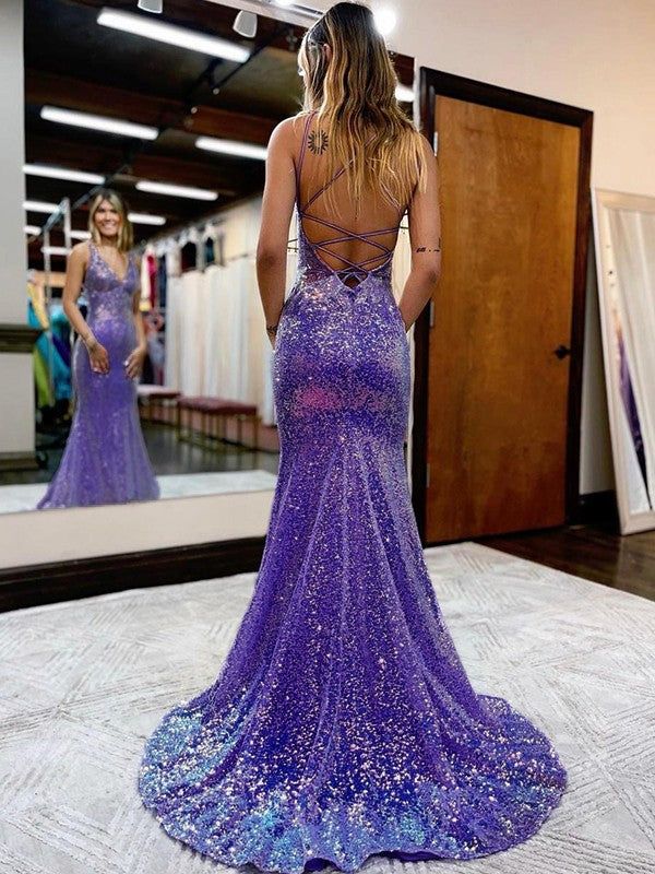 Sheath/Column V-Neck Court Train Sequins Prom Dresses - Fashionpara