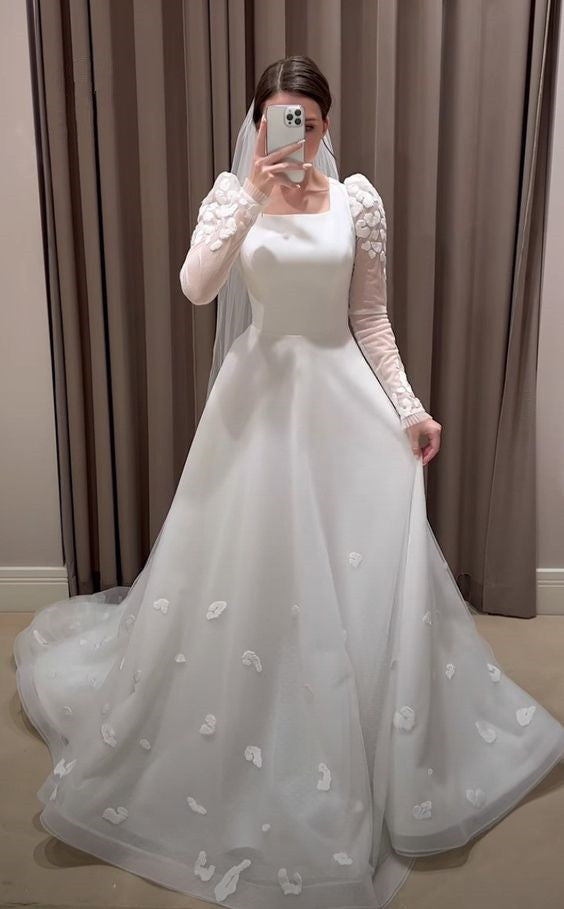 Modest White A-line Long Sleeves Wedding Dress,White Bridal Dress
