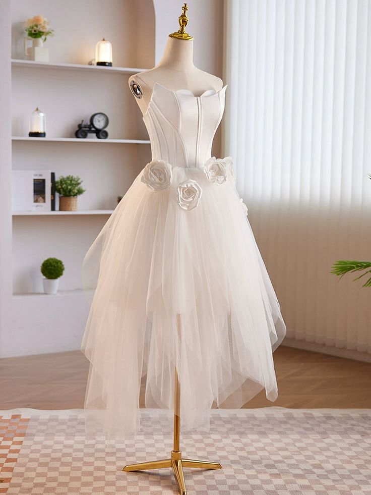 Unique White Tulle Satin Short Prom Dress, White Homecoming Dress - Fashionpara