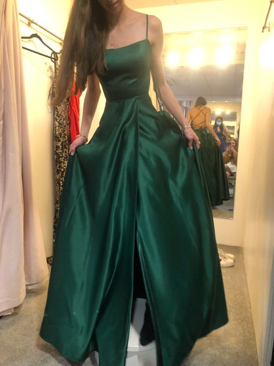 simple green satin prom dresses, formal party dress long - Fashionpara