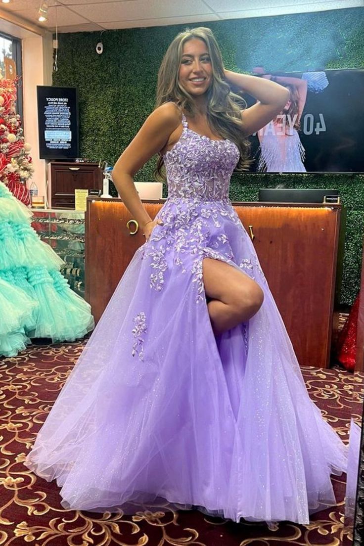 Shiny Purple Lace Long Prom Dress with High Slit, Purple Lace Formal Dress, Purple Evening Dress - Fashionpara