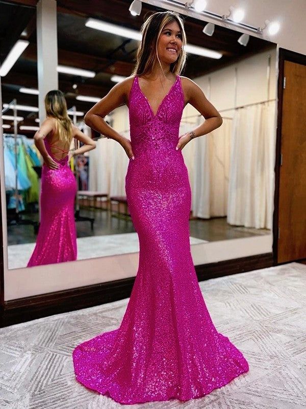 Sheath/Column V-Neck Court Train Sequins Prom Dresses - Fashionpara