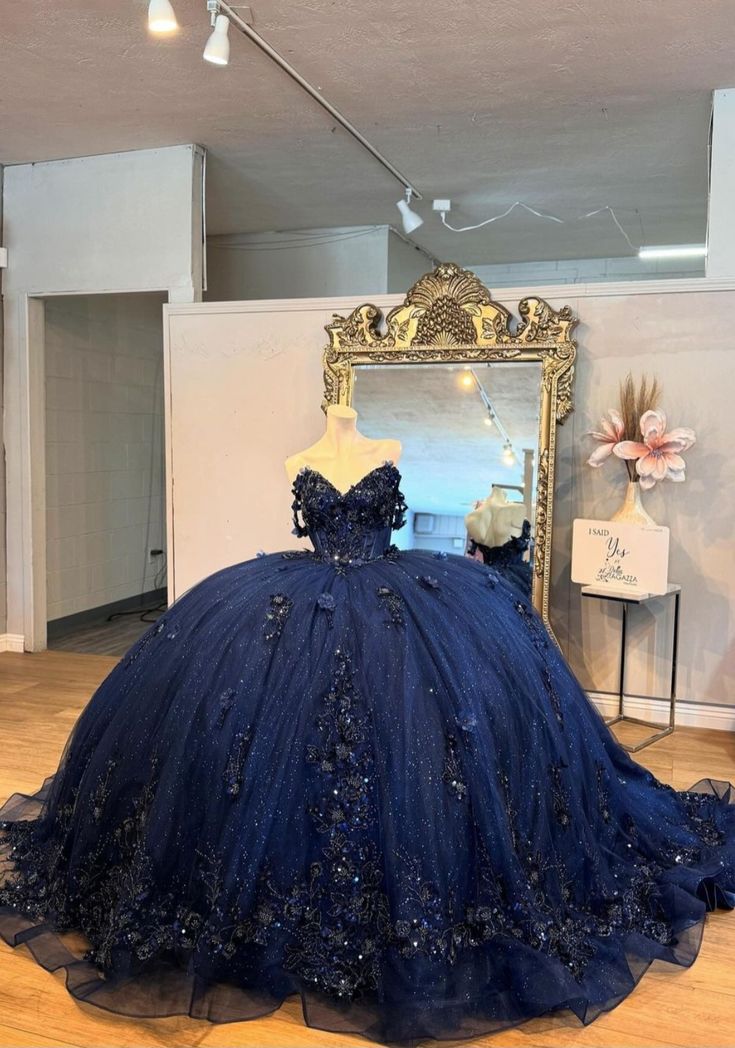 Navy Blue Mexican Quinceanera Dress Floral Applique Beaded Crystal Corset Sweet 16 Dress - Fashionpara