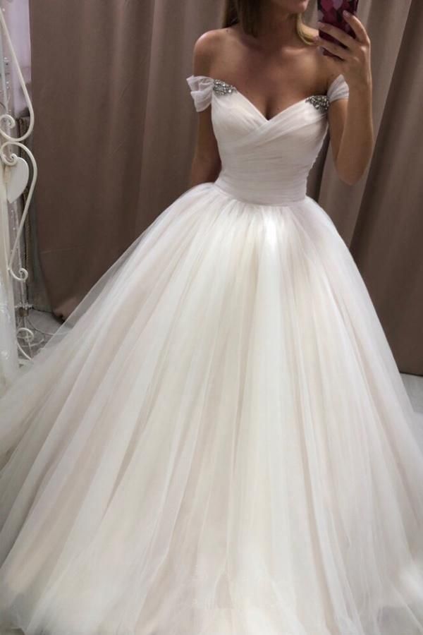 Off the Shoulder Tulle Wedding Dresses Pleated Ivory Wedding Gowns with Lace Up Simple Bridal Dress
