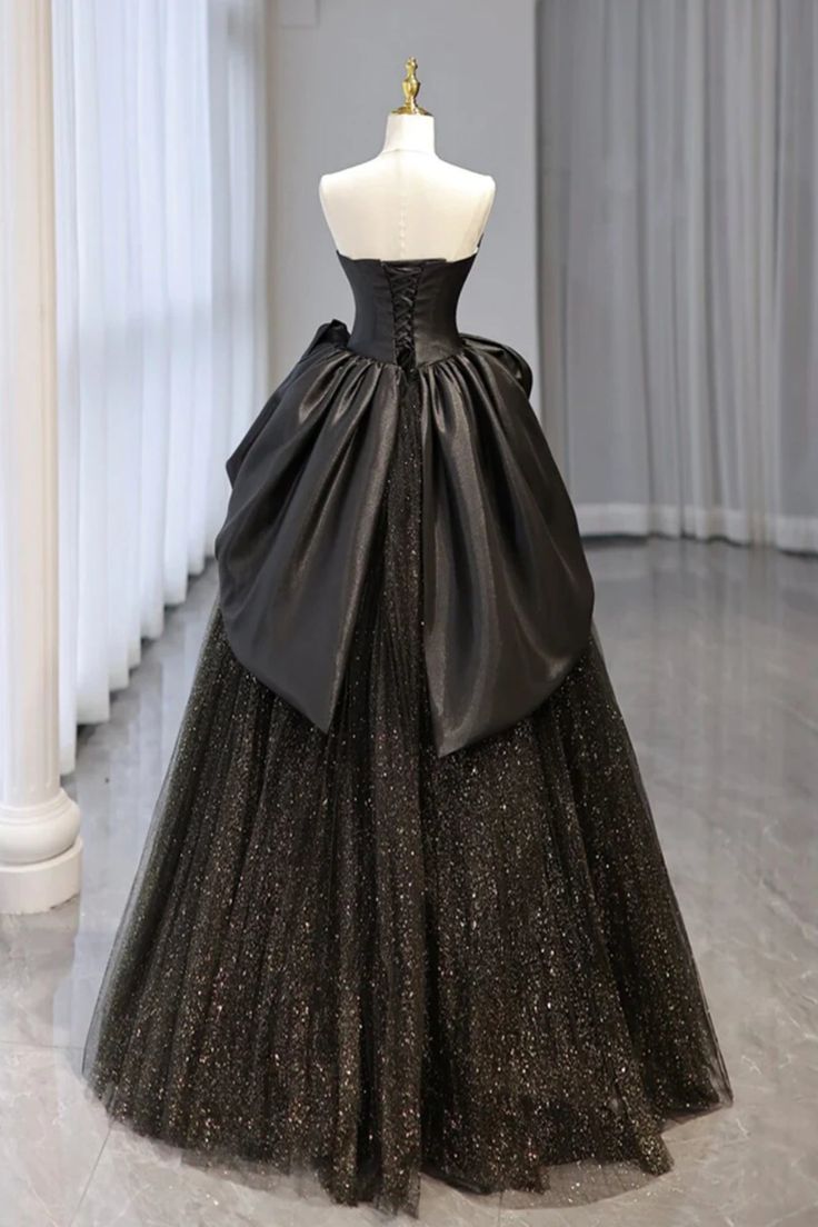 Shiny Black Tulle Strapless Long Prom Dresses, Black Tulle Formal Evening Dresses - Fashionpara
