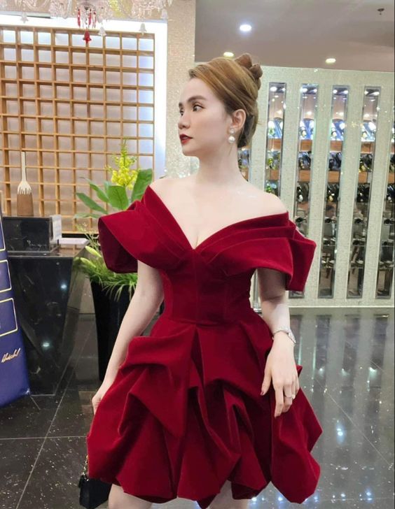 A Line Off The Shoulder Homecoming Dresses Burgundy Prom Cocktail Party Gown - Fashionpara