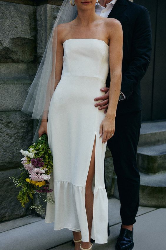 Simple Strapless Sleeveless Satin Sheath Midi Wedding Dress With Slit