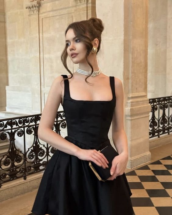 black mini wedding dress evening dress, square neck above knee Party Dress