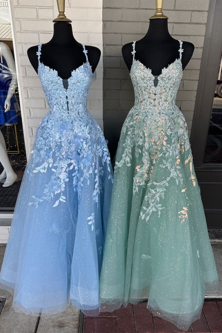 A-Line Appliques Plunge V Long Prom Dress with Detachable Sleeves - Fashionpara