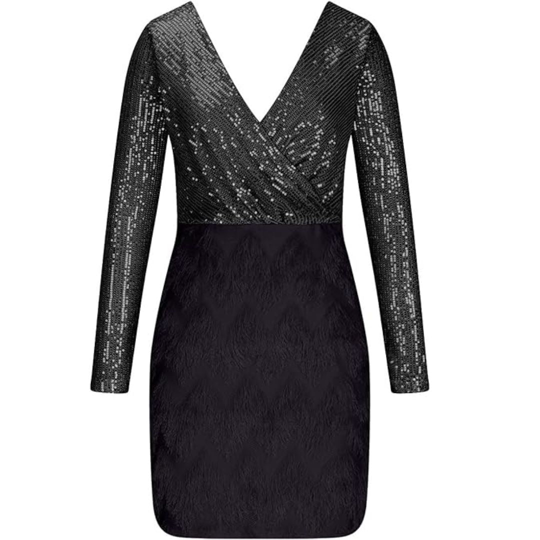 Sequin Deep V-Neck Wrap Long Sleeve Textured Skirt Mini Dress - View 12