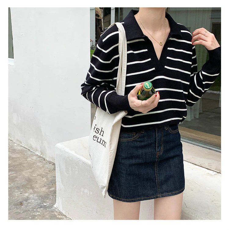 KittenAlarm - Striped Turn Down Collar Long Sleeve Sweater