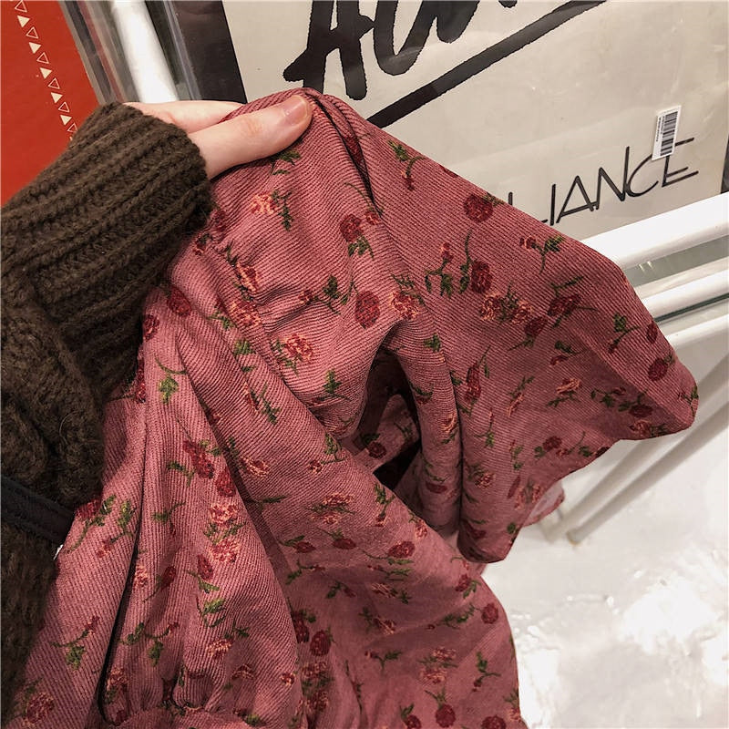 KittenAlarm - High Waist A-Line Flower Printed Corduroy Long Skirt