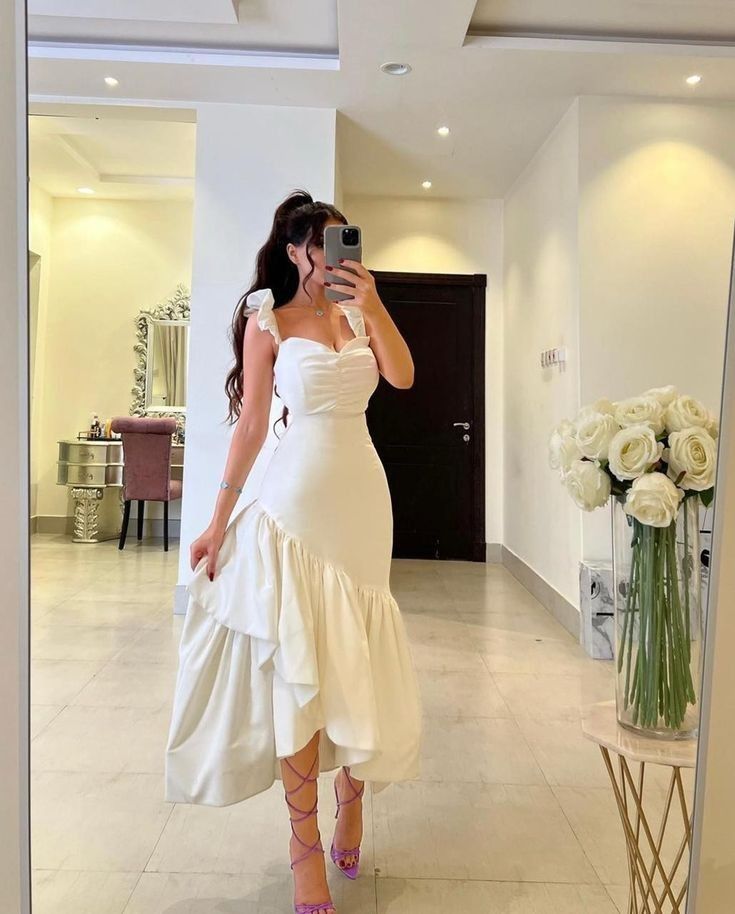 White Straps Ruffle Mermaid Party Gown Arabia Prom Dresses For Women - Fashionpara