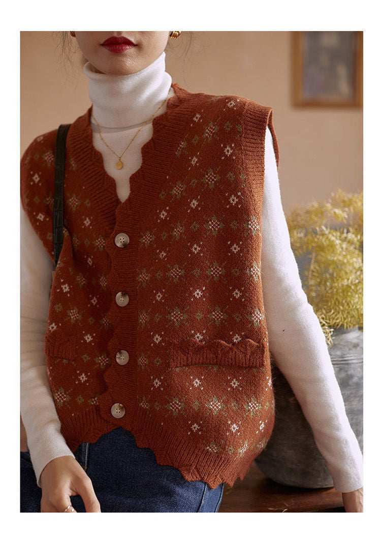 KittenAlarm - Floral Design Vintage V-Neck Vest Sweater