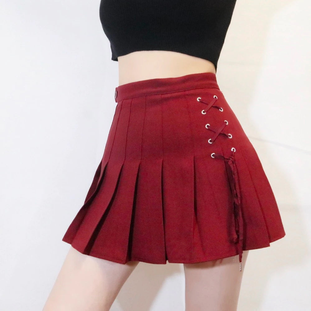 KittenAlarm - Front Lace Tie Pleated Mini Skirts
