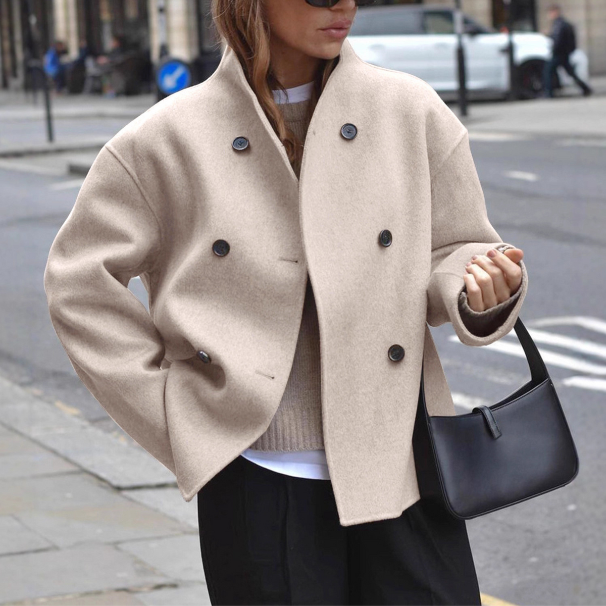 Stand Collar Double Breasted Long Sleeve Cropped Coat 7