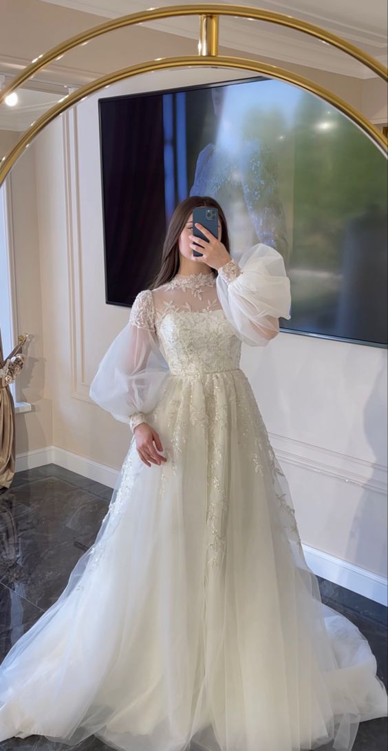 Elegant High Neck A-line Wedding Dress with Long Sleeves