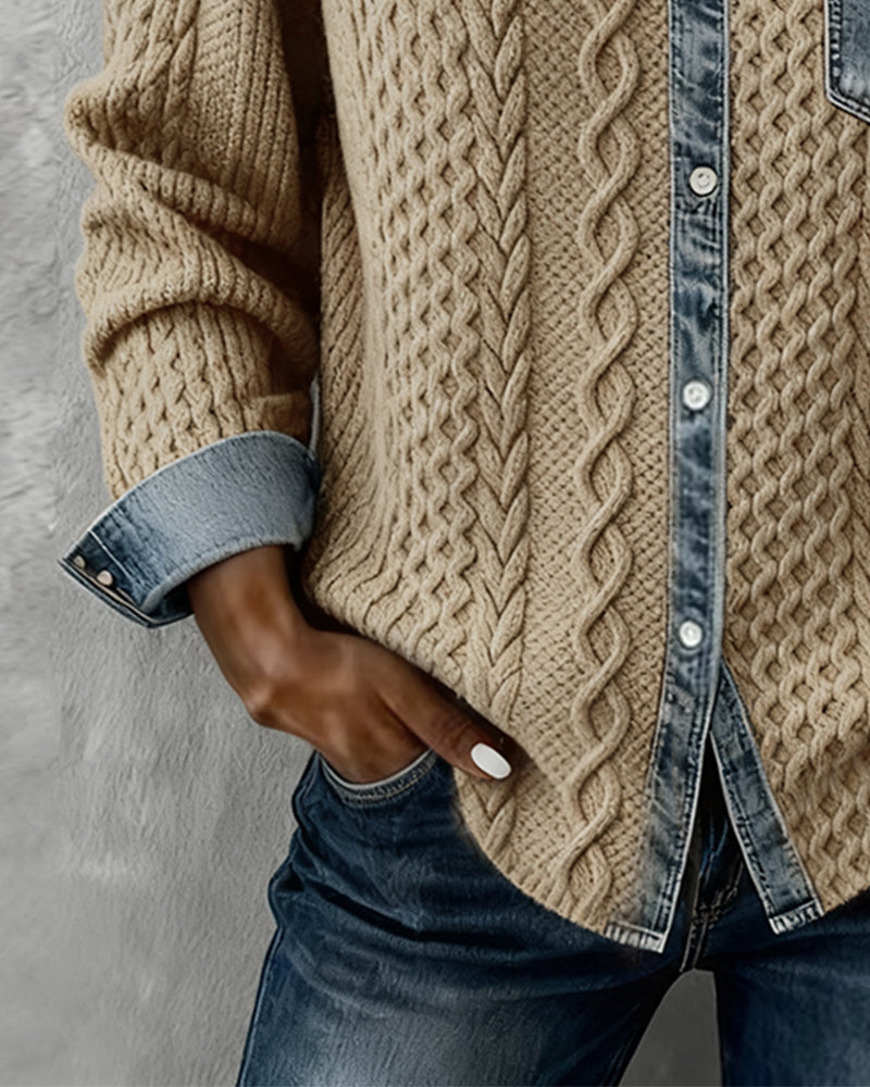 Collared Button Front Cable Knit Denim Contrast Shirt 3