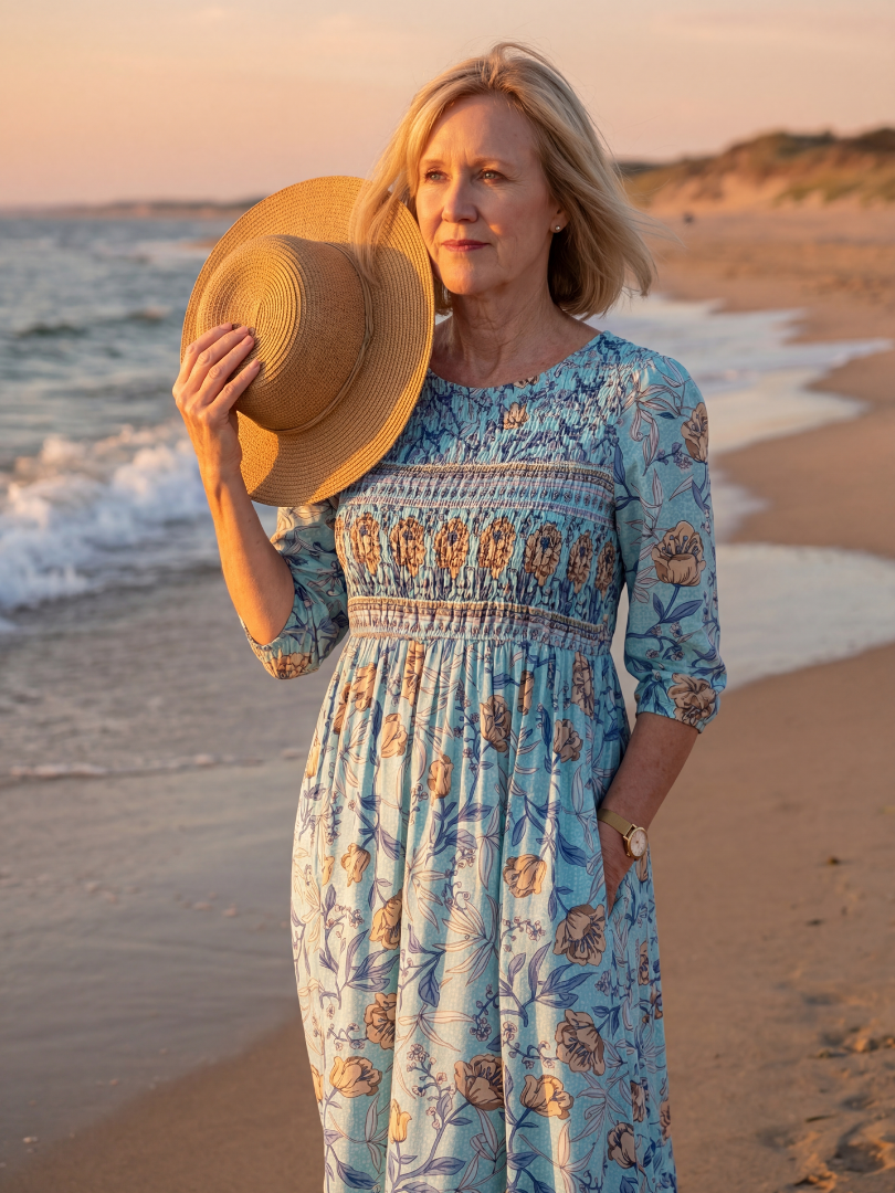 Floral Smocked Bodice Round Neck Midi Dress 2