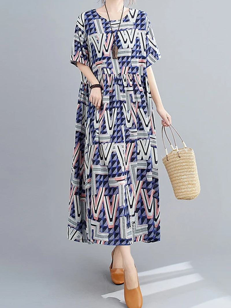 Floral Print Round Neck Short Sleeve Smock Maxi Dress 2