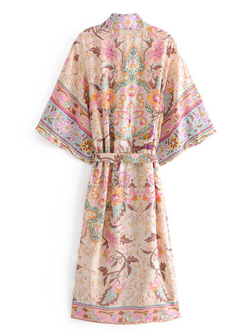 Partywear Cotton Kimono Robe Floral Print Beige Color Long Length Gown Robe Kimono - Fashionpara