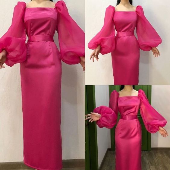 Women's Square Neckline Evening Dresses Long Sleeve Tulle Prom Party Dress - Fashionpara