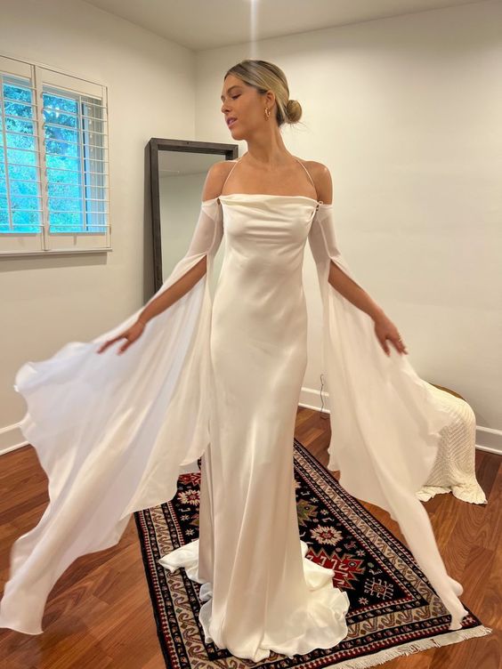 Wedding Dresses Soft Satin Long Floor Length Open Back Simple Bridal Gown With Detachable Flare Sleeves