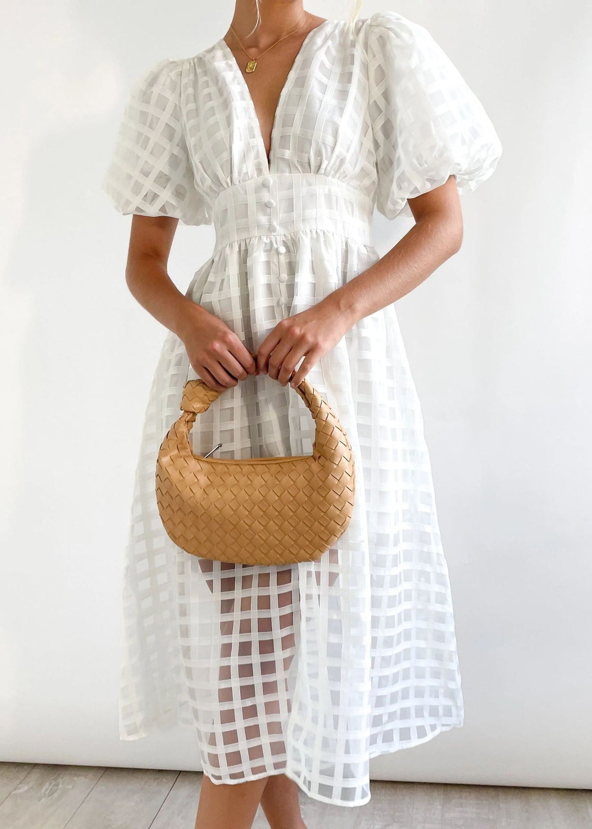Windowpane Organza V-Neck Puff Sleeve Button-Front Midi Dress 2
