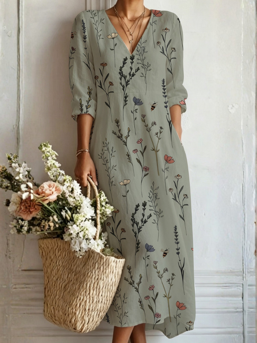 Floral Print V-Neck Long Sleeve Linen Midi Dress