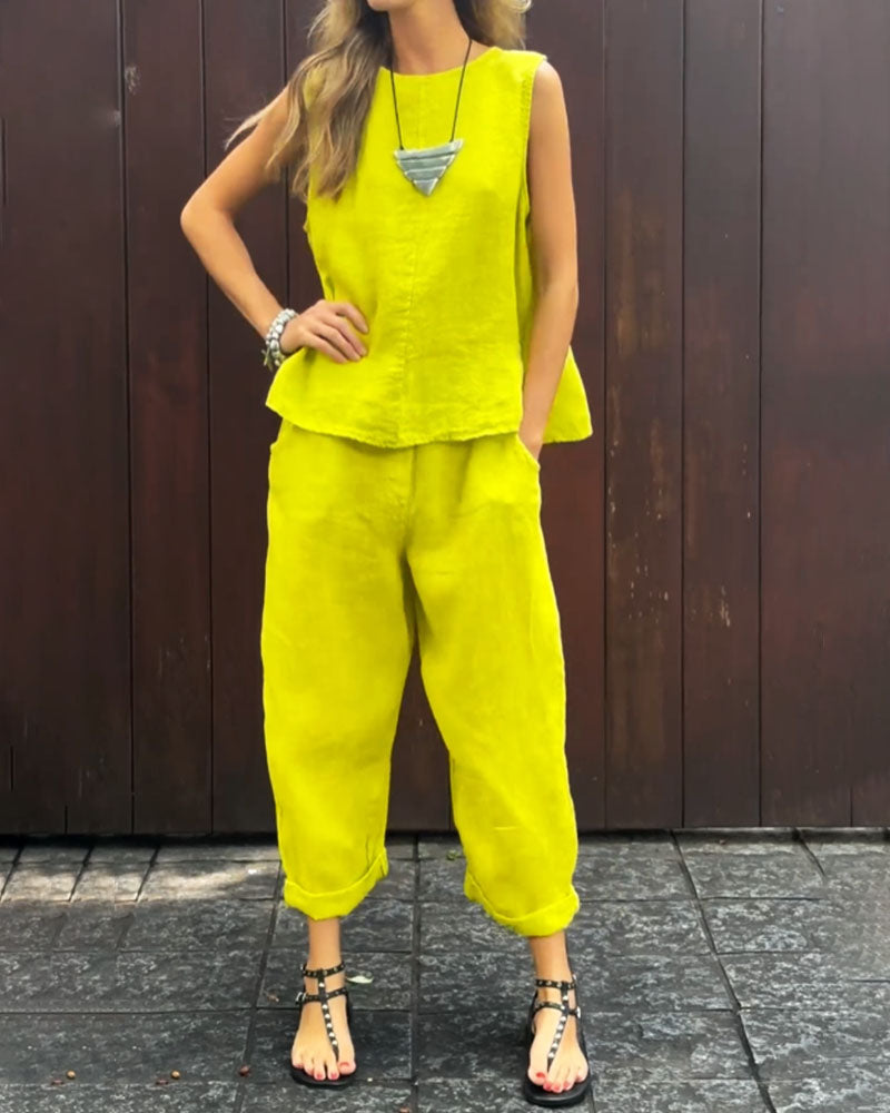 Casual Solid Color Sleeveless Vest & Pants Cotton Linen Two-piece Set - Fashionpara