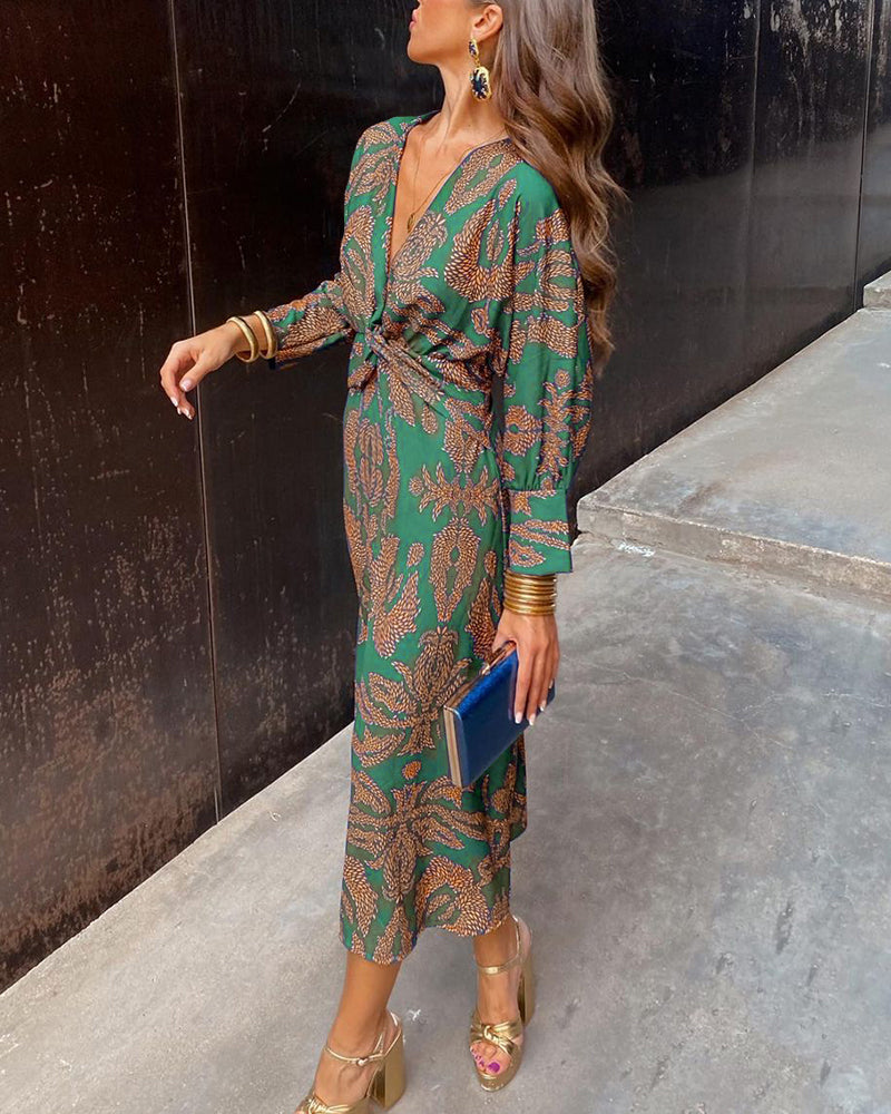 Leaf Print Deep V-Neck Long Sleeve Twist Front Midi Dress 4