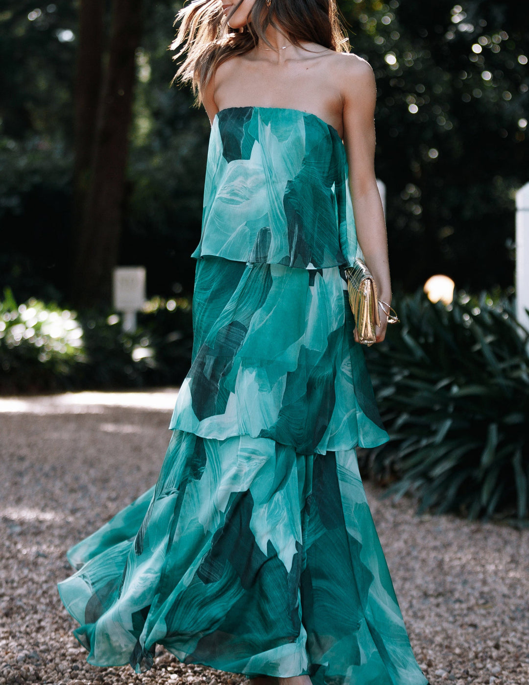 Calista Green Bloom Strapless Tiered Maxi Dress - Fashionpara